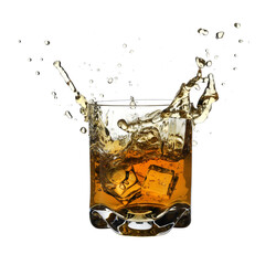 Whiskey splashing out of glass on white background