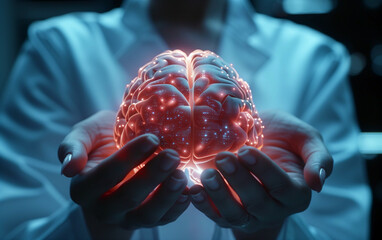 A close-up exploration of a scientist's hands delicately cradling a glowing brain hologram in a cutting-edge data center, symbolizing the forefront of advanced neurology research and technology