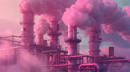 Fototapeten Pink Pipes Emitting Pink Smoke in Industrial Landscape © DVS