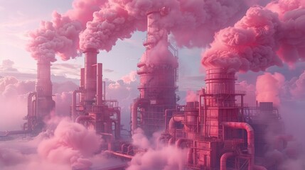 Pink Pipes Emitting Pink Smoke in Industrial Landscape