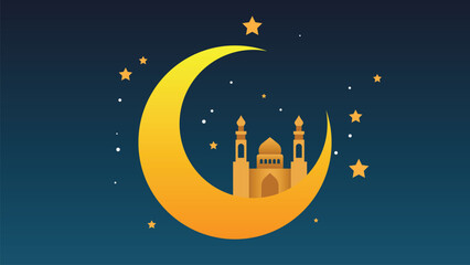 Obraz na płótnie Canvas Ramadan kareem flat vector illustration with clouds, mosque, lanterns, crescent moon and stars. Can be used for banners, posters, backgrounds, landing pages, greeting cards, covers, etc.