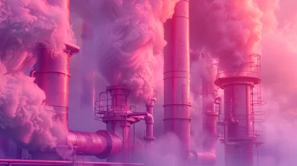 Gordijnen Pink Pipes Emitting Pink Smoke in Industrial Landscape © DVS