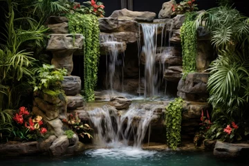 Fotobehang Natural Outdoor fountain waterfall stone. Water pot. Generate Ai © juliars