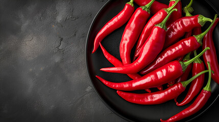 Naklejka premium Red hot chili peppers on a black plate on a black background. generative ai