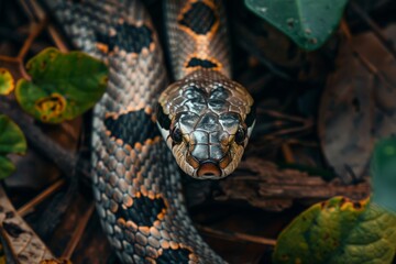 Fototapeta premium A detailed view of a snake slithering on the ground, showcasing its scales and patterns.