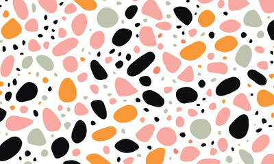 Pattern of Irregularly Shaped Dots in Various Colors, Resembling Pebbles or Stones, Scattered Across the Canvas in a Minimalistic Design. The Color Palette Includes Black, White, Green, Orange & Pink