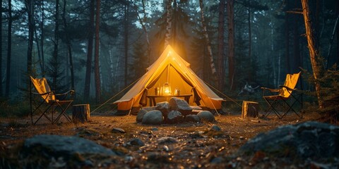 In the middle of the forest, a tent illuminates the night, offering shelter and adventure.