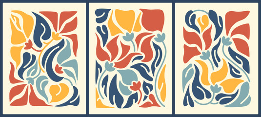 Set of modern Interior painting, wall art posters. Retro mid-century graphic with bouquets of flowers. Doodle Vector spring illustration. Contemporary home decor.