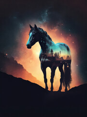 Double exposure of a horse blending with starry night sky