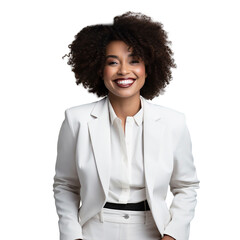 Fototapeta na wymiar Smiling African American businesswoman in suit with afro hair, isolated on transparent background