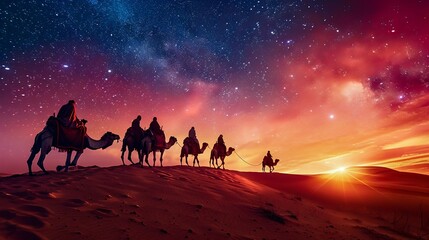 Caravan Journey Under the Milky Way in Desert Dunes. Generative ai