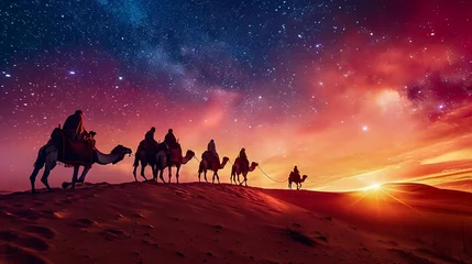 Foto op Plexiglas Caravan Journey Under the Milky Way in Desert Dunes. Generative ai © Yevheniiya
