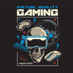 Obraz premium Vector Illustration of Skull wearing VR Glasses, Game Steering Wheel and Mouse with Vintage Hand Drawing Style Available for Tshirt Design