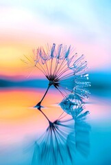 An image of dandelion seed with water droplets on it, reflecting the sky. Pastel background is a gradient of blue and orange, creating a serene atmosphere. Soft lighting adds depth to the scene.