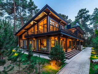 Fototapeta na wymiar Modern Tranquility: Luxurious Forest Home at Dusk. Generative ai