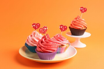 Delicious cupcakes with bright cream and heart toppers on orange background