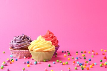 Delicious cupcakes with bright cream and sprinkles on pink background. Space for text
