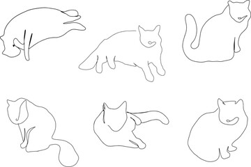 One line cats set illustration vector doodle lying sitting relaxation pets cute fluffy