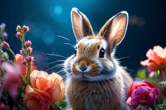 꽃들 사이에 있는 토끼