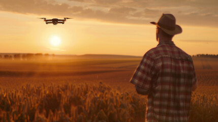 With the sun rising in the distance, casting a warm golden glow over the landscape, the modern farmer-agronomist launches a sleek drone into the morning sky, its advanced sensors a