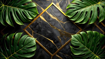 Elegant Monstera Leaves on Marble Background with Gold Frame
