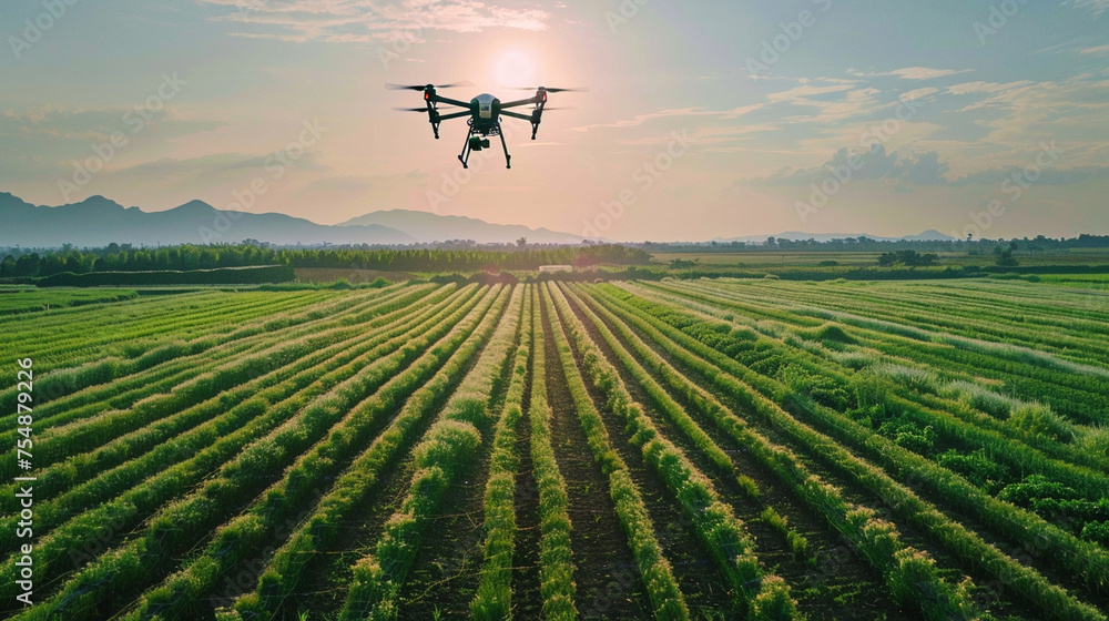 Poster in a mesmerizing display of precision, the drone charts its course across the farmer's field, tracin