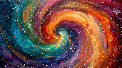 Vibrant Cosmic Swirl Painting with Rich Texture and Abstract Colorful Space Nebula Motif in Artwork