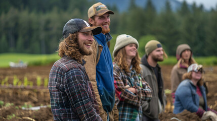 Fototapeta premium With the scent of freshly turned earth in the air, modern young farmers agronomists gather in the field, their smiles reflecting the camaraderie and collaboration that define their