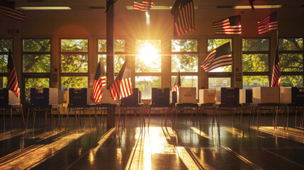 
Orderly Voting Center Bathed in Sunrays with American Flags and Citizens Participating in Democracy