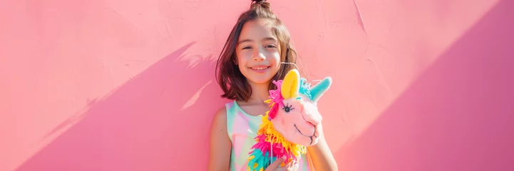 Foto op Plexiglas Mexican girl holding colorful llama toy on sunny background, Cinco de Mayo holiday concept, copy space. © Maria Shchipakina