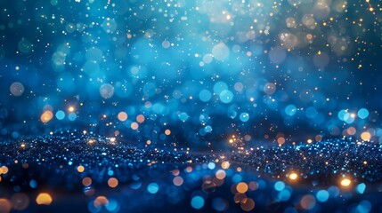 Abstract Blue and Orange Bokeh Lights Background with Sparkling Defocused Particles for Festive or...