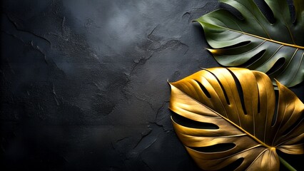 Golden and Green Monstera Leaves on Dark Textured Background. Monstera leaves on a black matte...