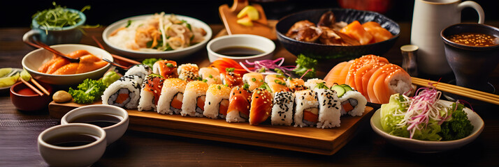 Aesthetic Display of Fresh Asian Cuisine: Sushi, Spring Rolls, Dumplings, and Vegetables Stir Fry.