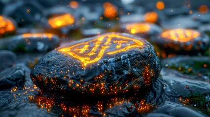 Mystic Glowing Symbols on Rocks at Night with Eerie Orange Light Illumination and Dark Background