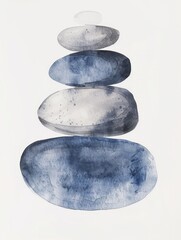 Watercolor painting depicting a stack of rocks in a natural landscape. The rocks are balanced on top of each other and surrounded by greenery.