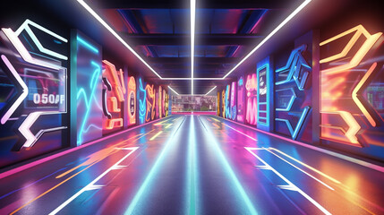 Retail complex with multi-colored neon arrows directing towards various outlets. - obrazy, fototapety, plakaty