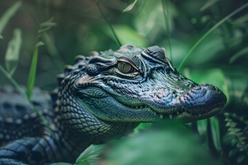 Fototapeta premium A close-up view of a small alligators face, showing its sharp teeth and textured skin in detail.