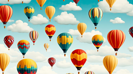 Colorful hot air balloons soaring through blue sky