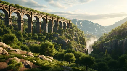 Gordijnen Roman aqueducts draped over a lush valley, still standing as a testament to ancient engineering. © Abdul