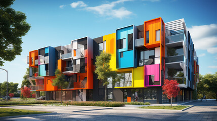Student housing complex featuring vibrant colored panels to differentiate units.