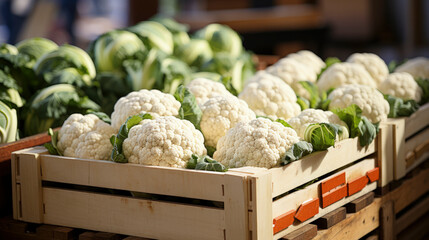 Wooden crate filled with fresh, white cauliflower heads
