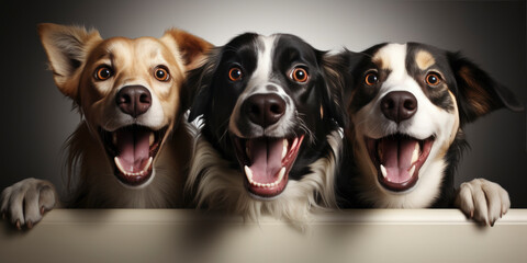 Three dogs with open mouths examining a table - obrazy, fototapety, plakaty