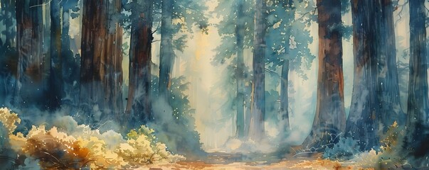 Serene Watercolor Redwood Forest with Misty Path, To convey a sense of serenity and natural beauty, and to showcase the majesty of the redwood forest