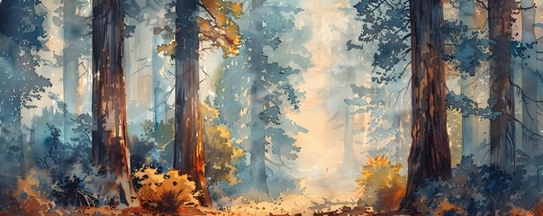 Serene Watercolor Redwood Forest with Misty Path, To convey a sense of serenity and natural beauty, and to showcase the majesty of the redwood forest