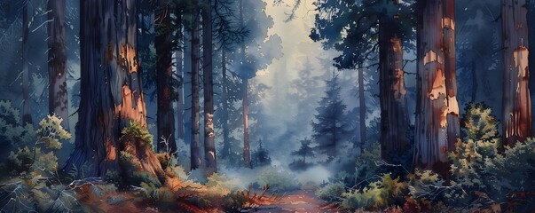 Serene Watercolor Redwood Forest with Misty Path, To convey a sense of serenity and natural beauty, and to showcase the majesty of the redwood forest - obrazy, fototapety, plakaty