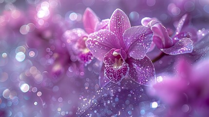 Sparkling Water Droplets on Vibrant Purple Orchid Flower with Soft Bokeh Background for Inviting Natural Aesthetics and Floral Themes
