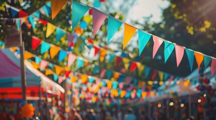 Vibrant Outdoor Party Scene with Colorful Flags Fluttering