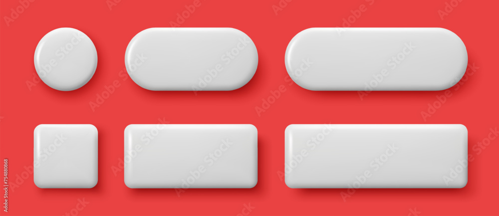 Wall mural set of 3d white empty buttons. blank circle, square, rectangle with shadows. modern geometric shapes