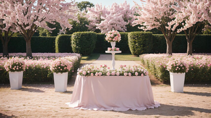 Background of rose composition, spring beauty. Pink wedding setting in large flower garden. Valentine easter field, scene of romantic day, newlyweds, party, preparations. Place for the cake.