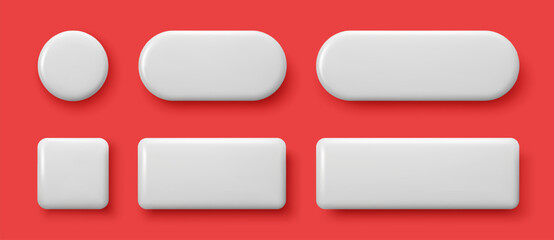 Set of 3D white empty buttons. Blank circle, square, rectangle with shadows. Modern geometric shapes. Vector illustration